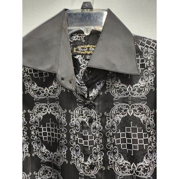 Daniel Ellissa Mens Dress Shirt  Large Black Printed Satin Long Sleeve Clublwear - Picture 2 of 7